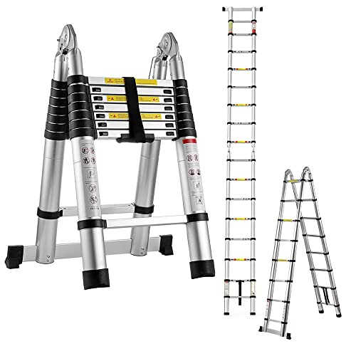 5M Alu Teleskopleiter, Ausziehbare Leiter, Klappleiter Stehleiter Rutschfester, Mehrzweckleiter Zum Glühbirnen Austauschen, Fenster Putzen, Räume Dekorieren, 150 kg Belastbarkeit (2.5+2.5M)