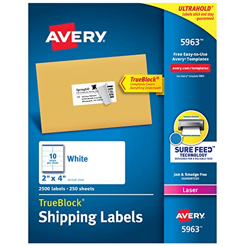 Avery 2x4 Etiketten für Laserdrucker, permanent klebend, Sure Feed, 2.500 rechteckige Etiketten (5963), weiß