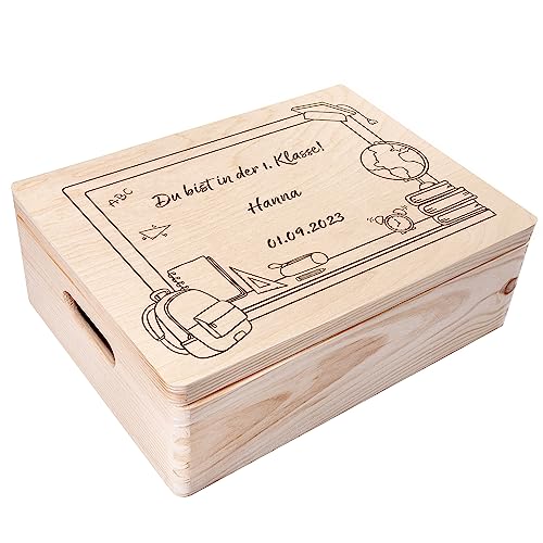 Creative Deco Personalisiert Holzkiste Basic Motiv für Geschenkkiste zur Einschulung | 40x30x14 cm (+/-1cm) | Groß Erinnerungsbox Geschenk Spielzeugkiste Holzbox mit Deckel Gravur