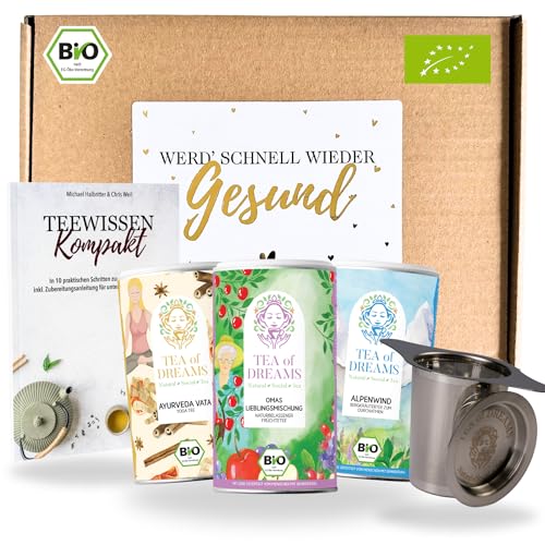 Gute Besserung Tee Geschenkset – 3 Bio-Tees, Edelstahl-Teesieb & 48-seitiges Tee Magazin – Das ultimative Genesungsgeschenk für Männer und Frauen - get well soon