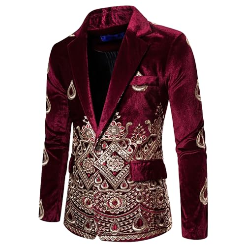 CUTTE Herren-Blazer Jacken EIN Knopf Bestickter Samt Herbst-Blazer Sportmantel Herbst-Hochzeit Abendessen Abschlussball Party Business-Blazer,Red,XS