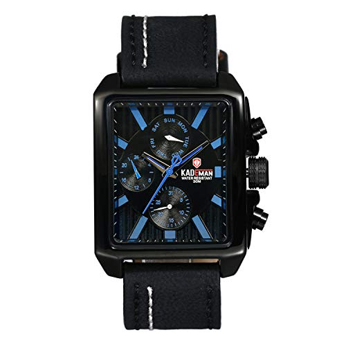 LANCARDO Herrenuhr Quarzwerk mit Leder Armband Kalender Armbanduhr, Rechteck Zifferblatt Hartes blaues Glas Wasserdicht Punk Rock Männer Uhr schwarz blau