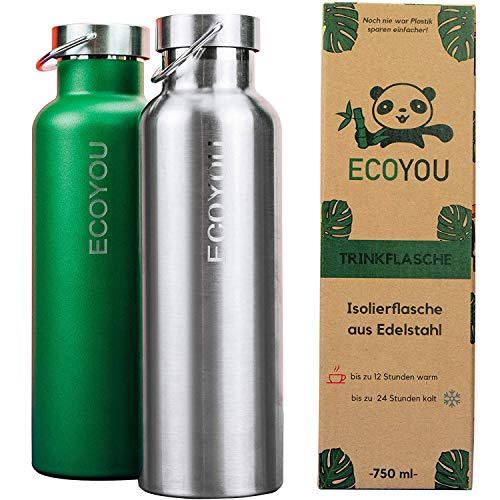 EcoYou® Trinkflasche Edelstahl 750 ml Silber doppelwandig für Heiß- & Kaltgetränke | Wasserflasche Isolierflasche Thermoflasche | Öko Sportflasche Outdoor Flasche | Auslaufsicher & BPA-frei