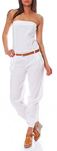 Malito Damen Einteiler in Uni Farben | Overall mit Gürtel | Langer Jumpsuit - Romper - Hosenanzug 1585 (weiß, L)