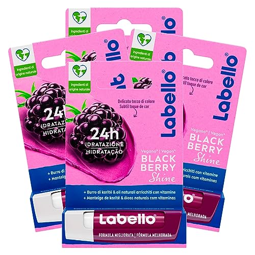 Labello Blackberry Shine Lippenbalsam, farbig, mit dem Duft von Brombeeren Lippenbalsam, feuchtigkeitsspendend, 24 Stunden, mit natürlichen Inhaltsstoffen und Sheabutter – 4 Stäbchen