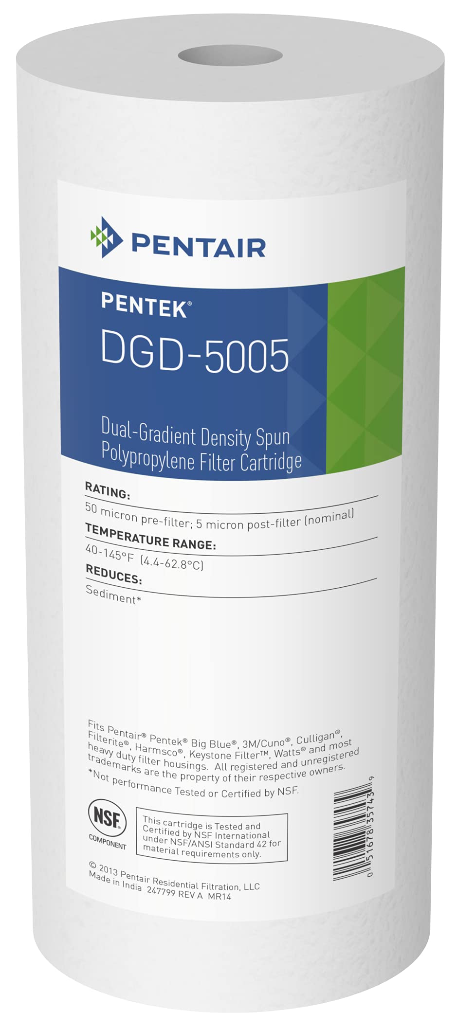 Pentair Pentek DGD-5005 Big Blue Sediment-Wasserfilter, 25,4 cm (10 Zoll), robustes Dual-Gradient, Dichte gesponnenes Polypropylen, Ersatzfilterkartusche, 25,4 x 11,4 cm, 5 Mikron