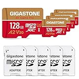 [5 Jahre kostenlose Datenwiederherstellung] Gigastone 4K Game Pro 128GB MicroSDXC Speicherkarte 5er-Pack und SD-Adapter, Kompatibel mit GoPro Switch, schwindigkeit 100 MB/s, A2 U3 V30 Micro SD Karte