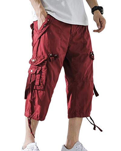 ORANDESIGNE Herren 3/4 Cargo Shorts Kurze Hose Sommer Basic Vintage Bermuda Casual Combat Pants Sport Jogging Cargohose Kurz Regular Fit A Rot Small