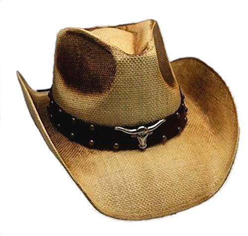 Western Ranch Strohhut Cowboyhut beige braun geflammt mit Leder - Hutband Longhorn und Nieten (57-58)