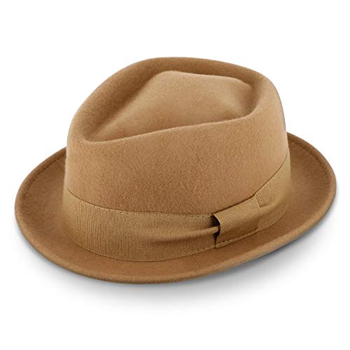 fiebig Medlock Pork Pie Diamond mit Ripsband | 100% Wollfilzhut für Damen und Herren | Angenehm Leichter Sitz im Sommer und Winter | Wollfilzhut Made in Italy (60-XL, Camel)