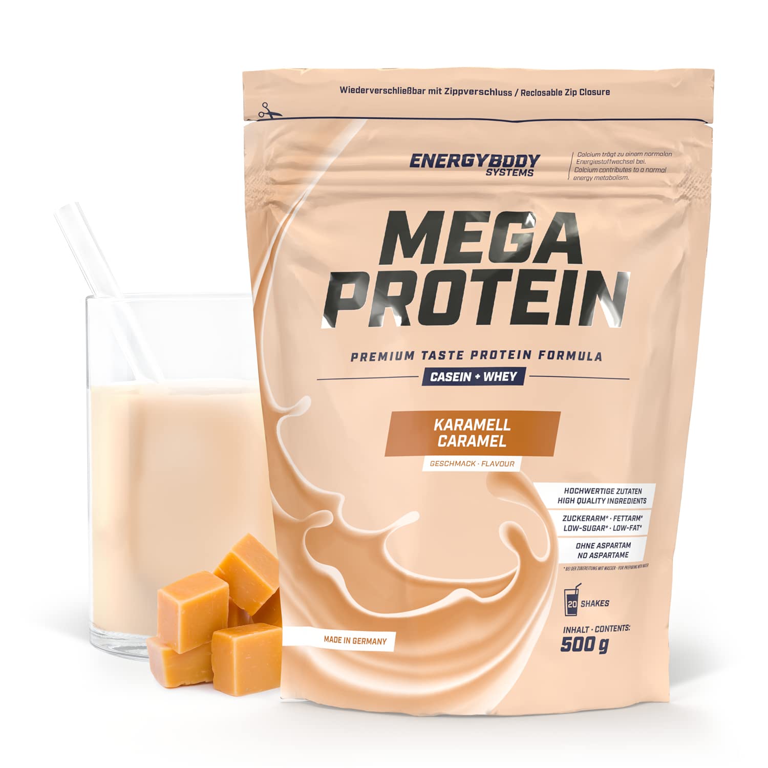 Energybody Mega Protein „Karamell“ 500 g / Mehrkomponenten Protein mit Casein Whey Mix als Eiweißshake / Eiweisspulver ohne Aspartam/ Protein-Pulver / 20 Portionen