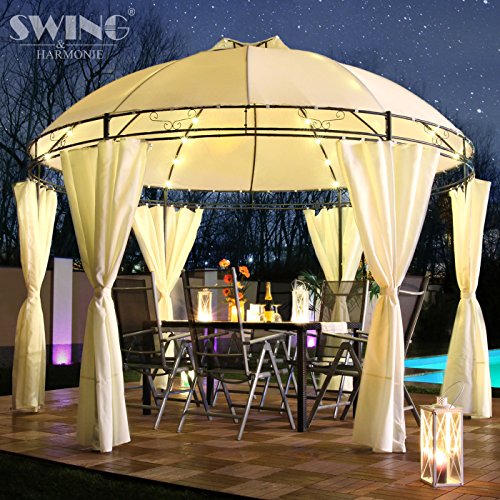 Swing & Harmonie LED - Pavillon 350cm Lavo - mit Seitenwänden und LED Beleuchtung + Solarmodul Runder Gartenpavillon Partyzelt Gartenzelt Rund (Creme)