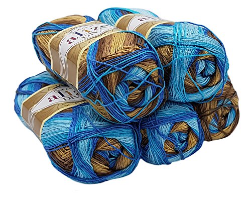 Alize 5 x 100 Gramm Diva Batik Wolle Mehrfarbig mit Farbverlauf, 500 Gramm merzerisierte Strickwolle Microfiber-Acryl (blau braun beige 3243)