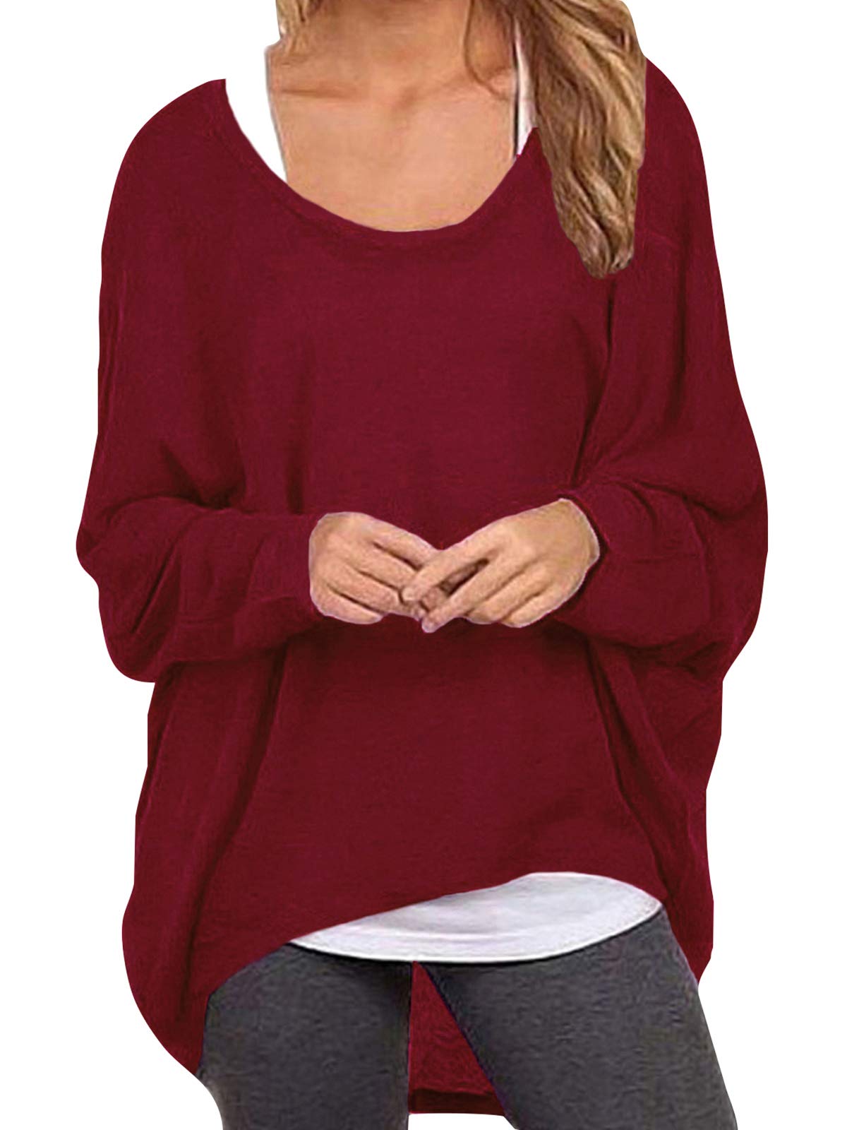 ZANZEA Damen Lose Asymmetrisch Jumper Sweatshirt Pullover Bluse Oberteile Oversize Tops Wein Rot L