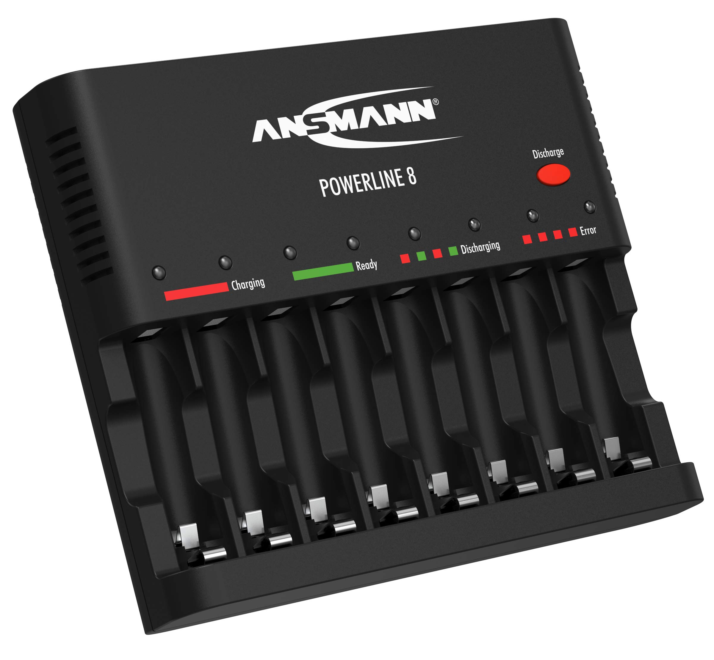 ANSMANN Akku-Ladegerät zum Laden & Entladen von 8X AA/AAA NiMH Akkus - 8-Fach Batterieladegerät mit Einzelschachtüberwachung, automatische Abschaltung, Erhaltungsladung - Powerline 8