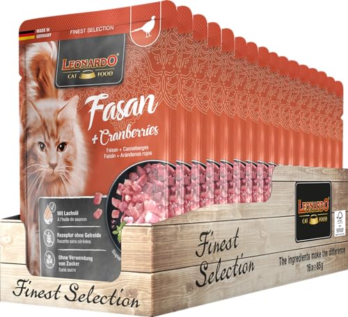 Leonardo Frischebeutel [16x85g Multipack] | Getreidefreies Nassfutter für Katzen | Feuchtfutter Alleinfutter im Einzelportionsbeutel (Fasan + Cranberry, 85 g)