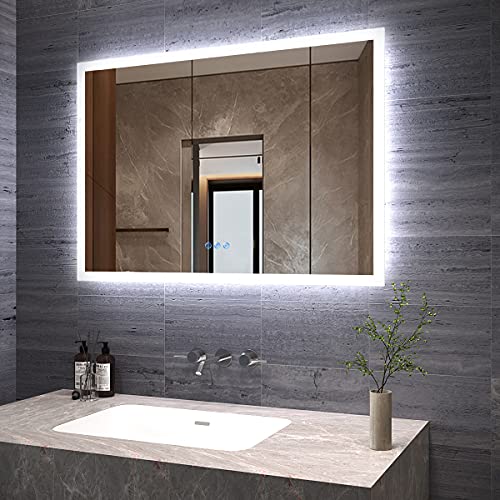 AQUABATOS Badspiegel mit Beleuchtung 100x70 cm LED Badezimmerspiegel beleuchtet Warmweiß 6400K und Kaltweiß 3000K dimmbar Touch Schalter Beschlagfrei