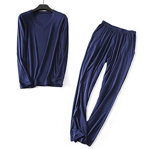 Wantschun Herren Modal Bamboo Fiber Nachtwäsche Zweiteiliger Schlafanzug V-Ausschnitt Langarm Pyjama Set (Blau;EU M)