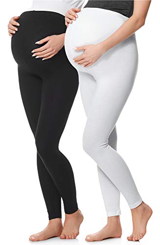 Be Mammy Lange Umstandsleggings 2er Pack aus Baumwolle Leggings für Schwangere Umstands Leggings Schwangerschafts Unterhosen mit Hoher Bund BE20-230 (Braun, 4XL) (Schwarz/Weiß, L)