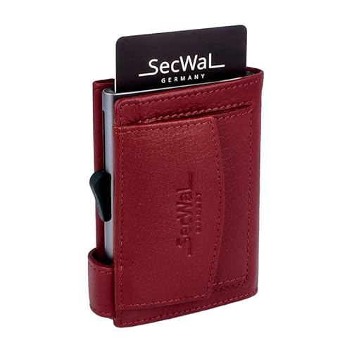 SecWal Kreditkartenetui mit Münzfach Druckknopf - Echtleder Mini Geldbörse inkl. E-Book für Damen und Herren - RFID Schutz (Rot)