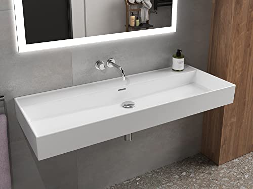 Aqua Bagno | Keramik Waschbecken in weiß, eckiges Handwaschbecken, moderner Waschtisch für Wand-Montage | 1212 x 466 mm