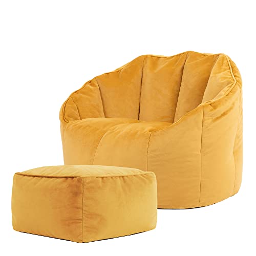 icon Sitzsack-Sessel „Sirena“ mit Hocker, Gelb, Samt, Plüsch XL Sitzsack Erwachsene mit Füllung für das Wohnzimmer, Groß Indoor Sitzsäcke