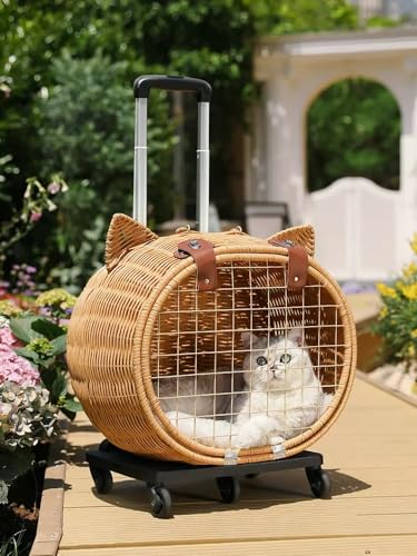 LLGJ Katzentrage mit Rädern, rollende Katzentasche, modischer Rattan-Web-Stil, 45,7 cm, Haustier-Tragetasche mit Rädern, Trolley-Koffer, Katzentasche