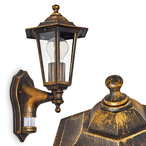 Außenwandleuchte Loria m. Bewegungsmelder, Wandlampe aufwärts in antikem Look, Aluguß in Braun/Gold m. Klarglas-Scheiben, Wandleuchte für Terrasse/Hof m. E27-Fassung, max. 60 Watt, Retro/Vintage