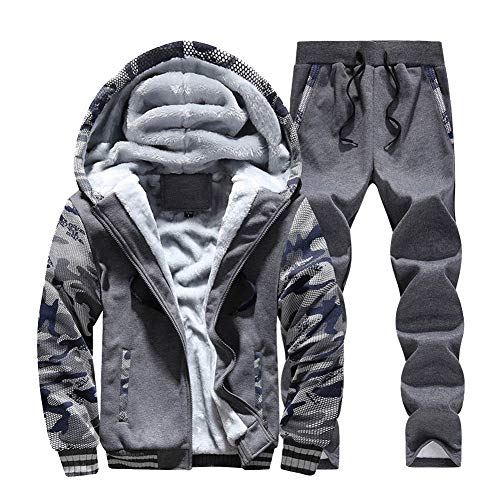 Mengyu Herren Winter Gefüttert Jogginganzug Trainingsanzug Sportanzug Sweatjacke + Jogginghose Rauchfarben XL