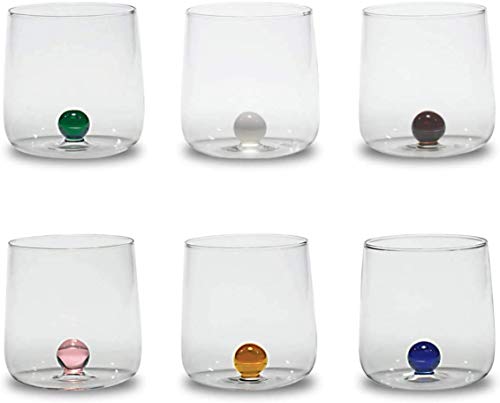 Zafferano Bilia Tumbler Set 6 trasparentes Wassergläser mit Kugel von 6 verschiedenen Farben