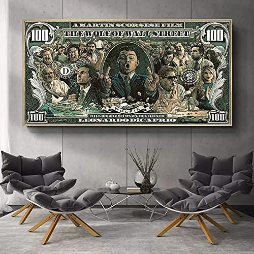 Bild Auf Leinwand Graffiti Street Money Art 100 Dollar Leinwand Malerei Poster und Drucke Wolf of Wall Street Pop Art für Wohnzimmer Dekor (50x90cm ohne Rahmen, B)