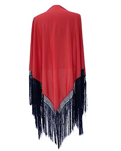 La Senorita Spanischer Manton Tuch Schal rot einfarbig mit schwarzen Fransen Large