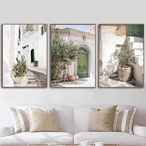 Puglia Baum Tür Italien Landschaft Wandkunst Leinwand Gemälde Fotografie Poster und Drucke Bild Zimmer Wohnkultur 19.6"x 27.5"(50x70cm)x3 Kein Rahmen