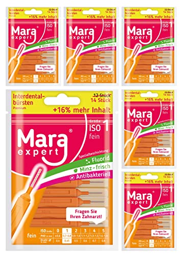 Interdentalbürsten Orange - MARA EXPERT | 0,45 mm ISO 1 Fein | 6 Packungen a 12 + 2 Zahn Zahnreinigungsbürsten für Zahnzwischenräume | Frischer Minz Geschmack, Chlorhexidine und Fluorid