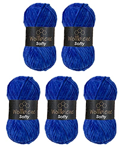 Wollbiene Softy 5 x 100 Gramm chenille wolle zum häkeln Strickwolle, Babywolle, 500 Gramm Chenille Wolle Super Bulky crochet yarn (blau 03)
