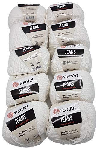 10 x 50g Strickwolle YarnArt Jeans einfarbig mit 55% Baumwolle, 500 Gramm Wolle uni (weiß 62)
