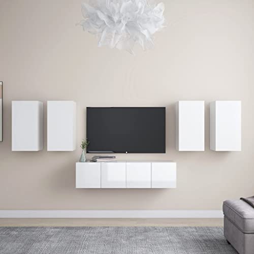 DCRAF Home Hardware Businese TV-Schrank-Set, 6-teilig, Hochglanz, Weiß, Holzwerkstoff