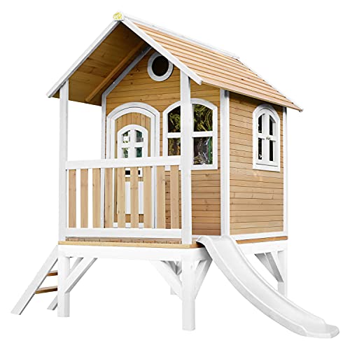 AXI Spielhaus Tom mit Grauer Rutsche | Stelzenhaus in Braun & Weiß aus FSC Holz für Kinder | Spielturm für den Garten