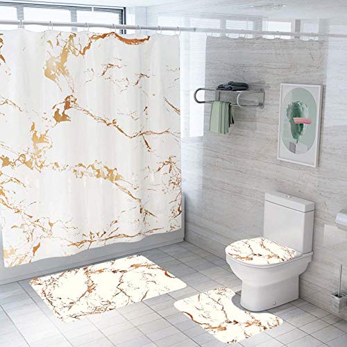 ETOPARS Marmor Textur Bad Duschvorhang Teppich Set 4 Stück Weiche & rutschfeste Badematte, U-förmiger Kontur Teppich, Toilettendeckelabdeckung 72 x 72 Zoll, Marmor Textur 10