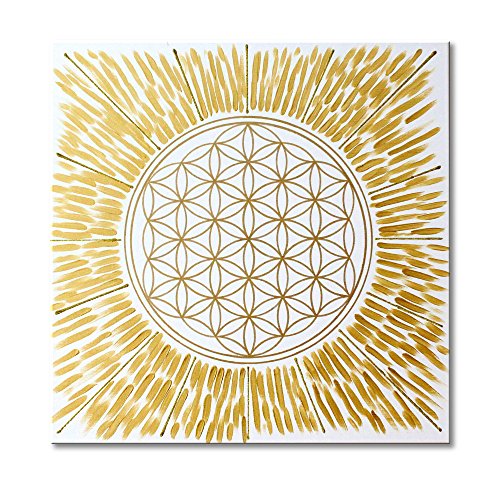 Wandbild Blume des Lebens in Gold "Licht" - HANDGEMALT - Größe 50x50 cm - Lebensblume in GOLD mit Acrylfarbe gemalt - Leinwandbild auf viereckigen Keilrahmen gespannt | MADE IN GERMANY