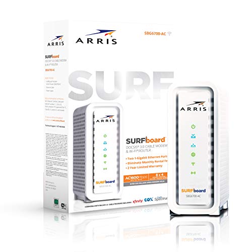 ARRIS Surfboard 8 x 4 DOCSIS 3.0 Kabel Modem/Wi-Fi AC1600 Router 343 Mbps Download-Geschwindigkeiten 1600 Mbps Wi-fi Geschwindigkeit SBG6700AC Weiß