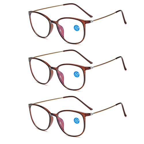 3 STÜCKE Mode Runde Brillen Computer Lesebrille Frauen Anti Ermüdung Männer Blaulicht Blockierende Brille Für Optischen Anblick,Braun,+2.5