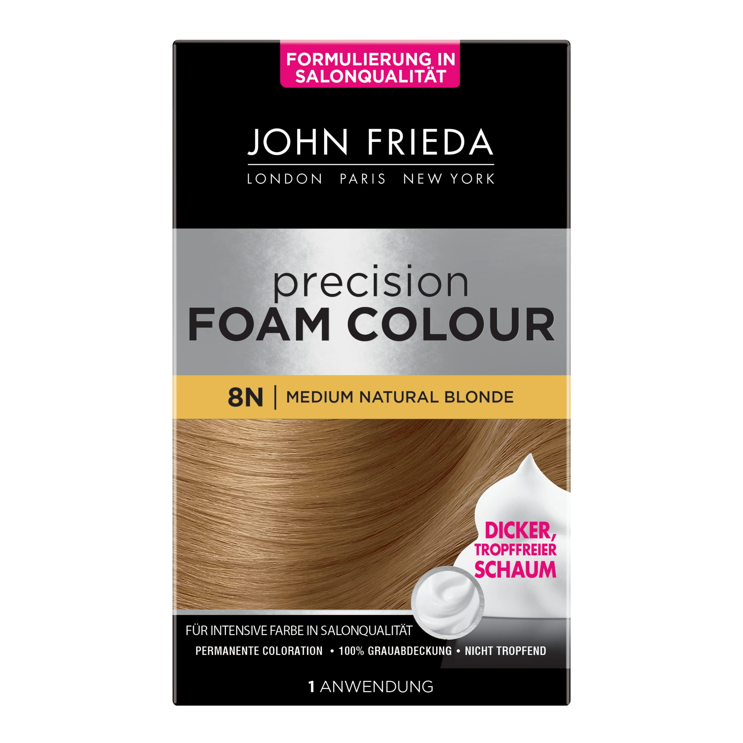 John Frieda Precision Foam Colour - 2er Pack - Farbe: 8N Medium Natural Blonde - Mittleres Blond - Permanente Coloration in Schaumform - Perfekte, gleichmäßige Abdeckung - Für jeweils 1 Anwendung