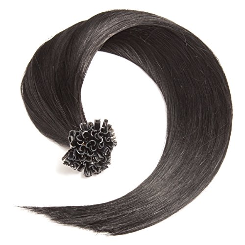 Schwarze Bonding Extensions aus 100% Remy Echthaar - 100 x 0,5g 45cm Glatte Strähnen - Lange Haare mit Keratin Bondings U-Tip als Haarverlängerung und Haarverdichtung in der Farbe 1# Schwarz