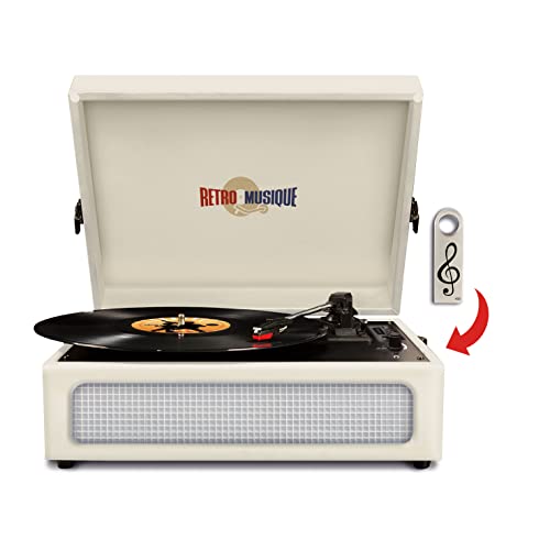 Retro Musique Bluetooth Table Top Turntable Tragbarer Vinyl-Schallplattenspieler mit FM-Radio und eingebauten Lautsprechern (Creme)