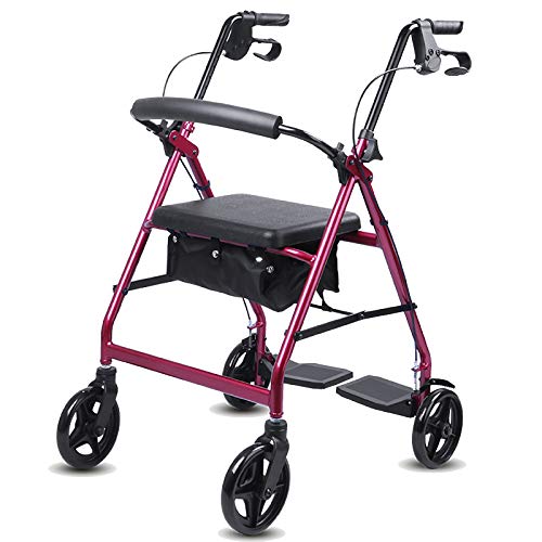 Senioren-Rollator mit Sitz, Korb und Bremsen, zusammenklappbarer Schwerlast-Rollator mit Rückenlehne und Fußstütze, Außen-/Innengeher (Color : Red)