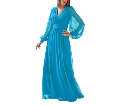 Damen Langarm Brautjungfer Kleider V Ausschnitt Formelles Kleid Plissee Chiffon A-Linie Abendkleider Party Kleider, blau, 48 Plus