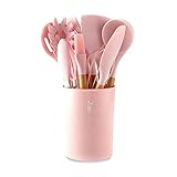 Kacniohen 11pcs Silikon-Topfset nonstick Spatel aus Holz Schaufelstiel rosa Küchengeräte mit Aufbewahrungsbox Küchengeräte