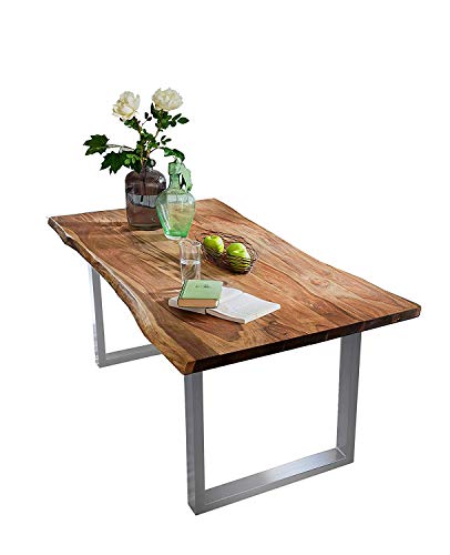 SAM Baumkantentisch 140x80 cm Quarto, nussbaumfarbig, Esszimmertisch aus Akazie, Holz-Tisch mit Silber lackierten Beinen