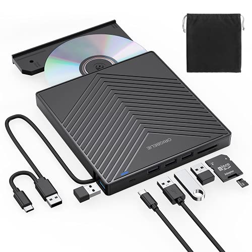 ORIGBELIE Externes CD DVD Laufwerk, Ultra Slim CD Brenner USB 3.0 mit 4 USB Ports und 2 TF/SD Kartensteckplätzen, optisches Laufwerk für Laptop Mac, PC Windows 11/10/8/7 Linux OS
